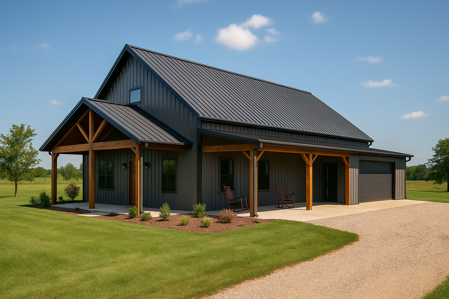 Barndominium exterior with covered porch